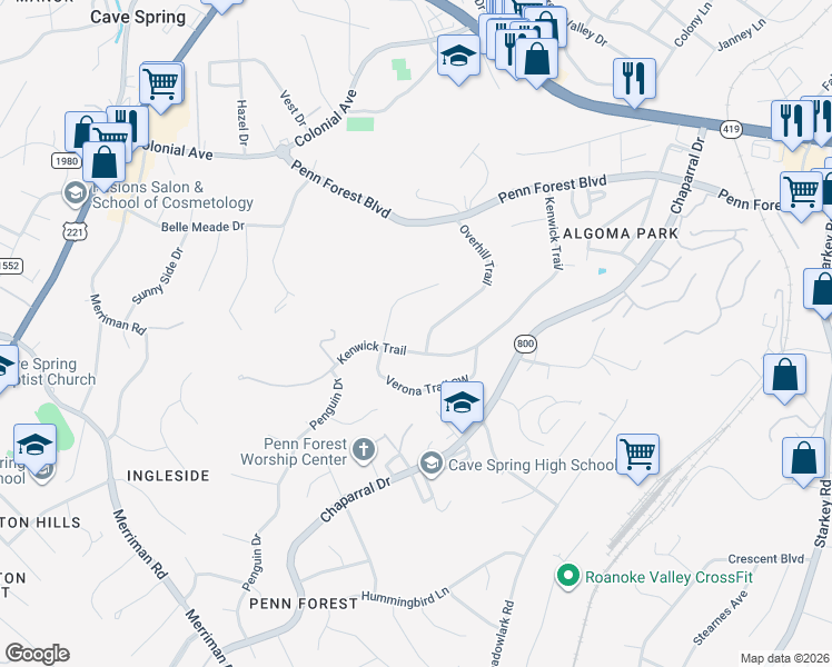 map of restaurants, bars, coffee shops, grocery stores, and more near 3711 Verona Trail in Roanoke