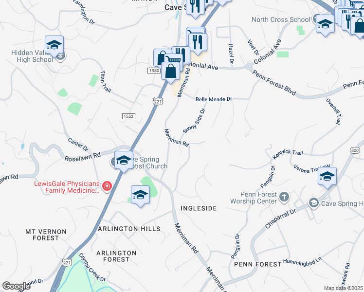 map of restaurants, bars, coffee shops, grocery stores, and more near 5202 Bradford Circle in Roanoke