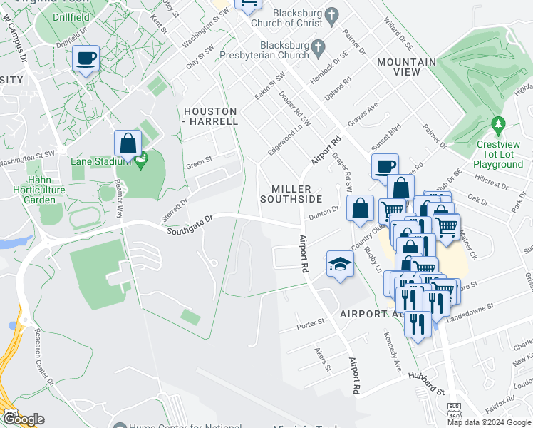 map of restaurants, bars, coffee shops, grocery stores, and more near 512 Southgate Drive in Blacksburg