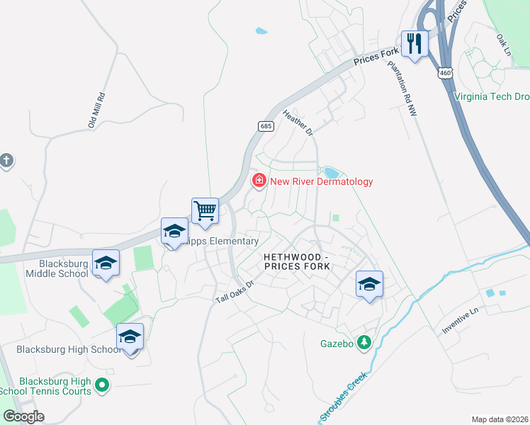 map of restaurants, bars, coffee shops, grocery stores, and more near 2599 Plymouth Street in Blacksburg