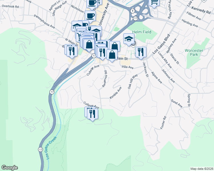 map of restaurants, bars, coffee shops, grocery stores, and more near 83 Reservoir Road in Los Gatos