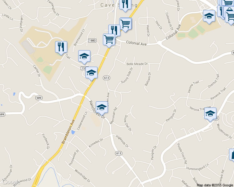 map of restaurants, bars, coffee shops, grocery stores, and more near 5202 Bradford Circle in Roanoke