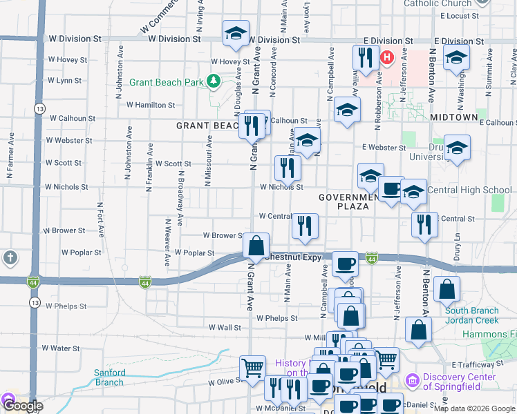 map of restaurants, bars, coffee shops, grocery stores, and more near 914 North Grant Avenue in Springfield