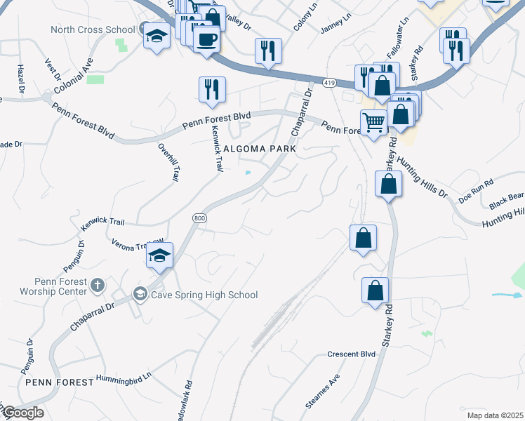map of restaurants, bars, coffee shops, grocery stores, and more near 3406 Kim Court in Roanoke