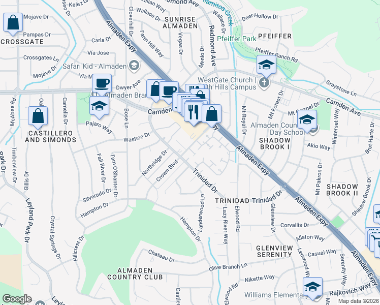 map of restaurants, bars, coffee shops, grocery stores, and more near 6549 Cobblestone Court in San Jose