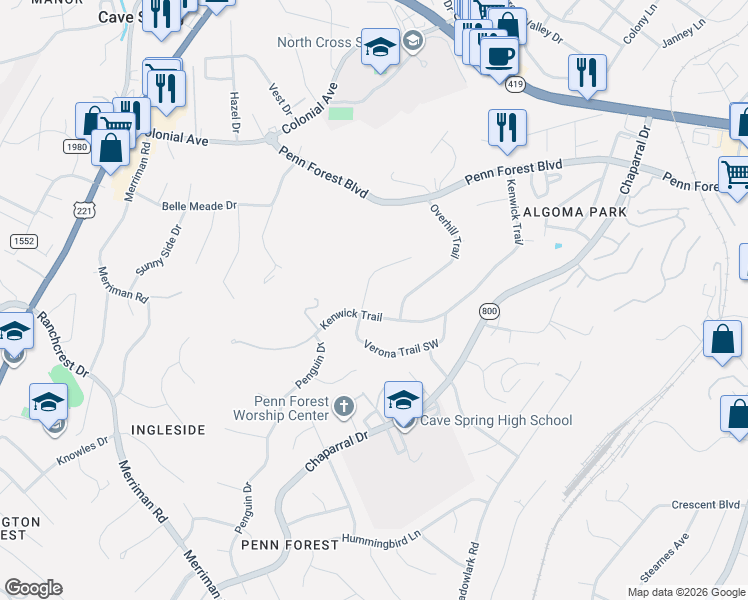 map of restaurants, bars, coffee shops, grocery stores, and more near 3711 Verona Trail in Cave Spring