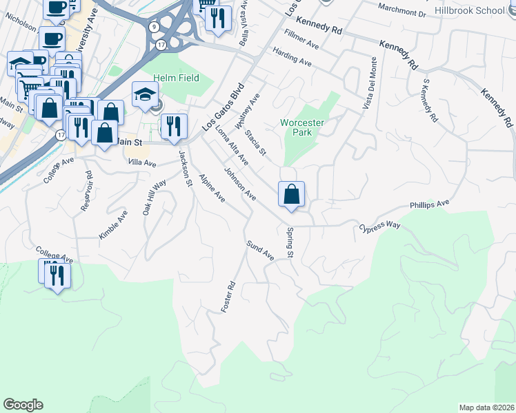 map of restaurants, bars, coffee shops, grocery stores, and more near 328 Johnson Avenue in Los Gatos