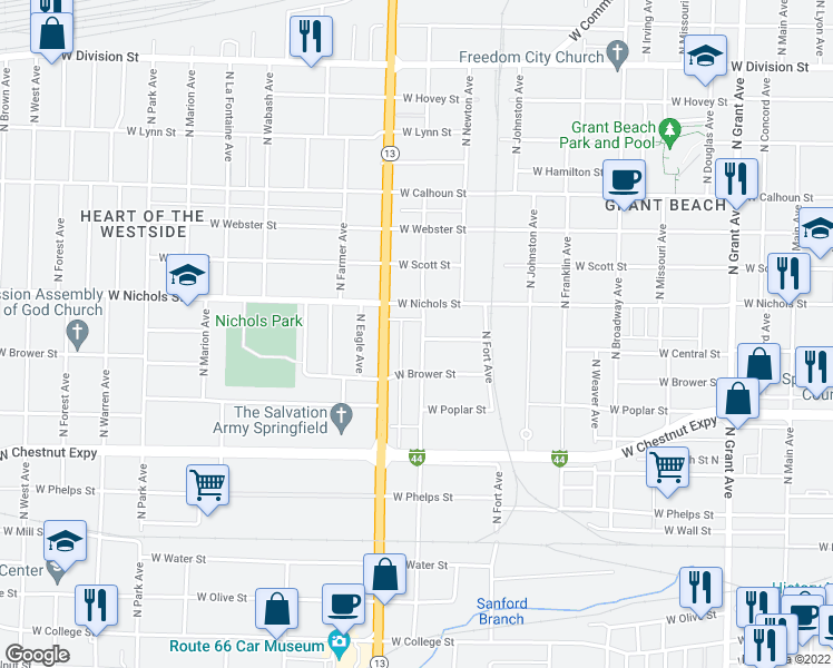 map of restaurants, bars, coffee shops, grocery stores, and more near 901 North Nettleton Avenue in Springfield