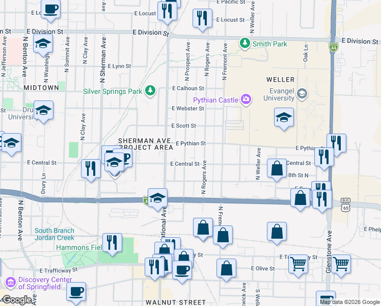 map of restaurants, bars, coffee shops, grocery stores, and more near 907 North Rogers Avenue in Springfield