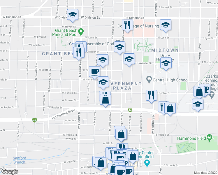 map of restaurants, bars, coffee shops, grocery stores, and more near 917 North Campbell Avenue in Springfield