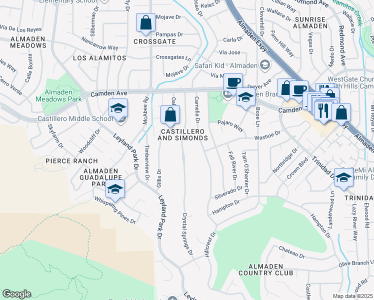 map of restaurants, bars, coffee shops, grocery stores, and more near 6510 Crystal Springs Drive in San Jose