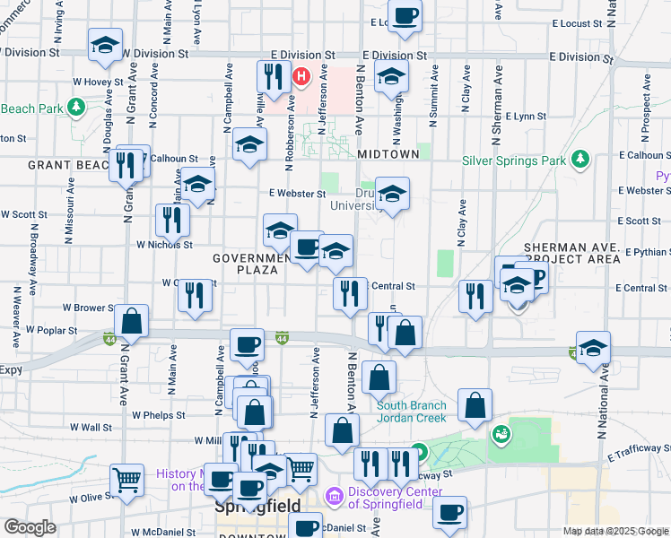 map of restaurants, bars, coffee shops, grocery stores, and more near 900 North Benton Avenue in Springfield