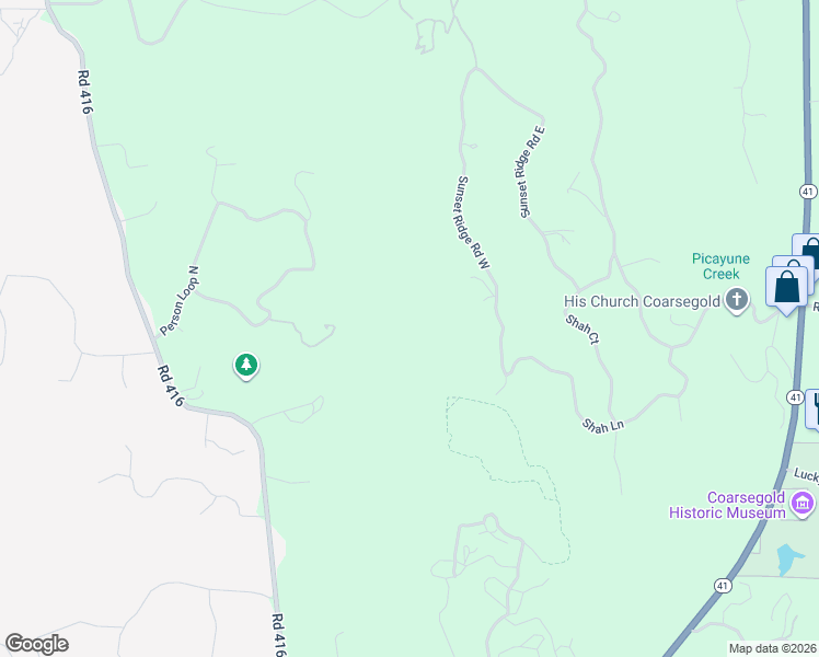 map of restaurants, bars, coffee shops, grocery stores, and more near Crystal Springs Way in Yosemite Lakes