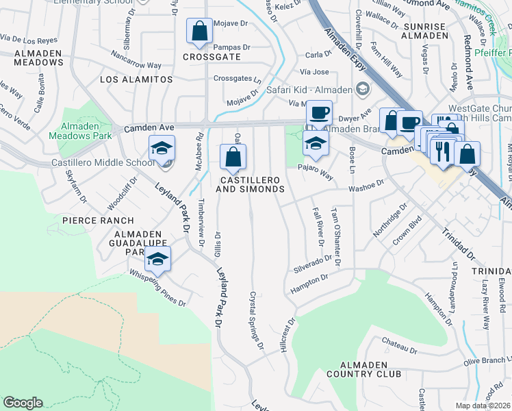 map of restaurants, bars, coffee shops, grocery stores, and more near 6510 Crystal Springs Drive in San Jose