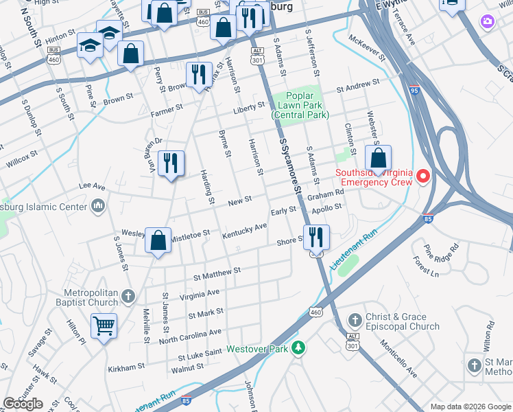 map of restaurants, bars, coffee shops, grocery stores, and more near 132 New Street in Petersburg
