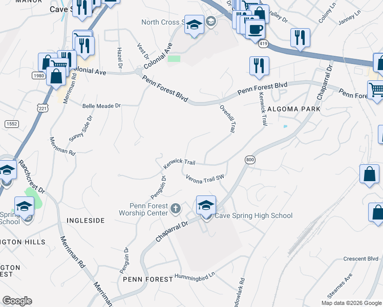 map of restaurants, bars, coffee shops, grocery stores, and more near 3711 Verona Trail in Cave Spring
