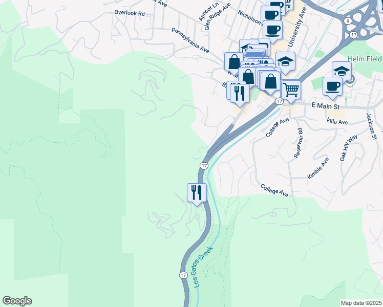 map of restaurants, bars, coffee shops, grocery stores, and more near 130 Wood Road in Los Gatos