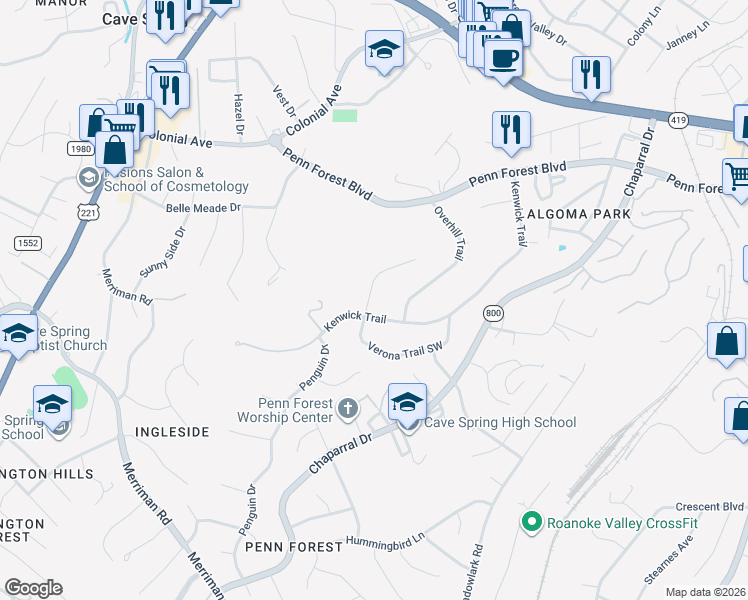 map of restaurants, bars, coffee shops, grocery stores, and more near 3711 Verona Trail in Cave Spring