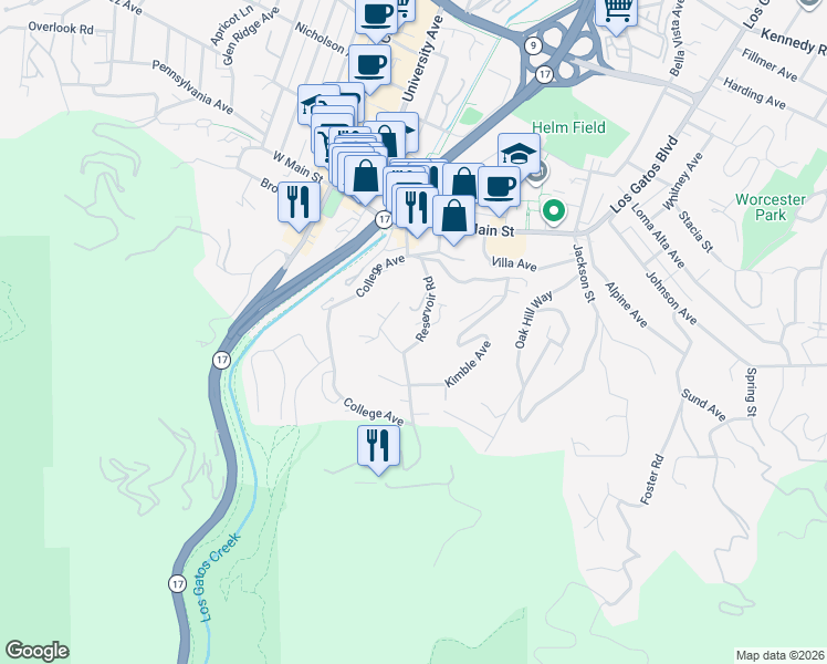 map of restaurants, bars, coffee shops, grocery stores, and more near 83 Reservoir Road in Los Gatos
