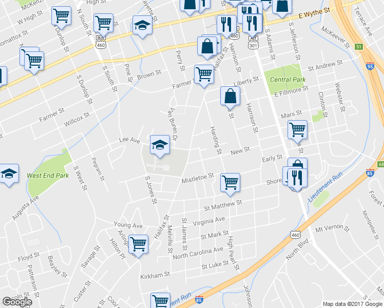 map of restaurants, bars, coffee shops, grocery stores, and more near 540 Halifax Street in Petersburg
