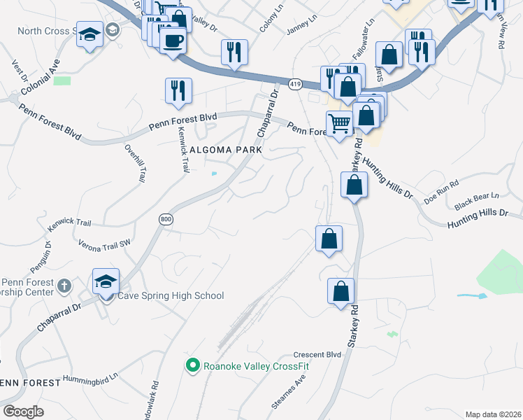 map of restaurants, bars, coffee shops, grocery stores, and more near 3545 Londonderry Lane in Cave Spring