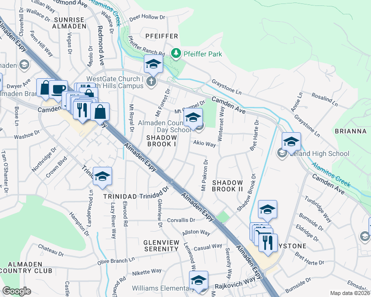 map of restaurants, bars, coffee shops, grocery stores, and more near 6842 Trinidad Drive in San Jose