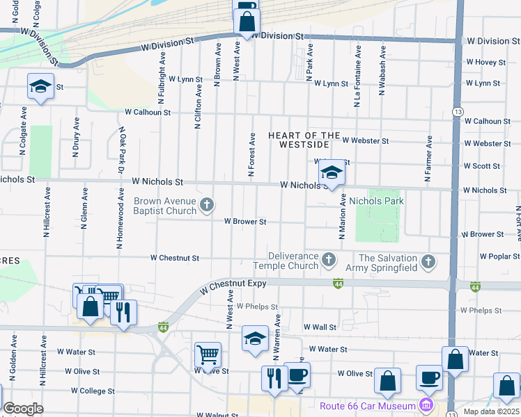 map of restaurants, bars, coffee shops, grocery stores, and more near 822 North Forest Avenue in Springfield
