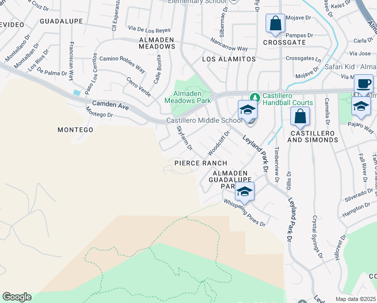 map of restaurants, bars, coffee shops, grocery stores, and more near 6561 Skyfarm Drive in San Jose