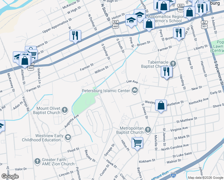 map of restaurants, bars, coffee shops, grocery stores, and more near 936 Lee Avenue in Petersburg