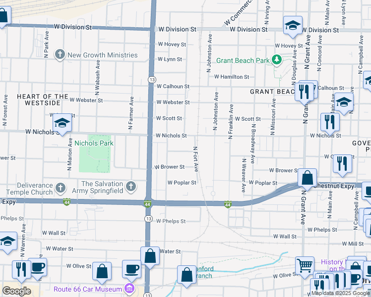 map of restaurants, bars, coffee shops, grocery stores, and more near 1321 West Central Street in Springfield
