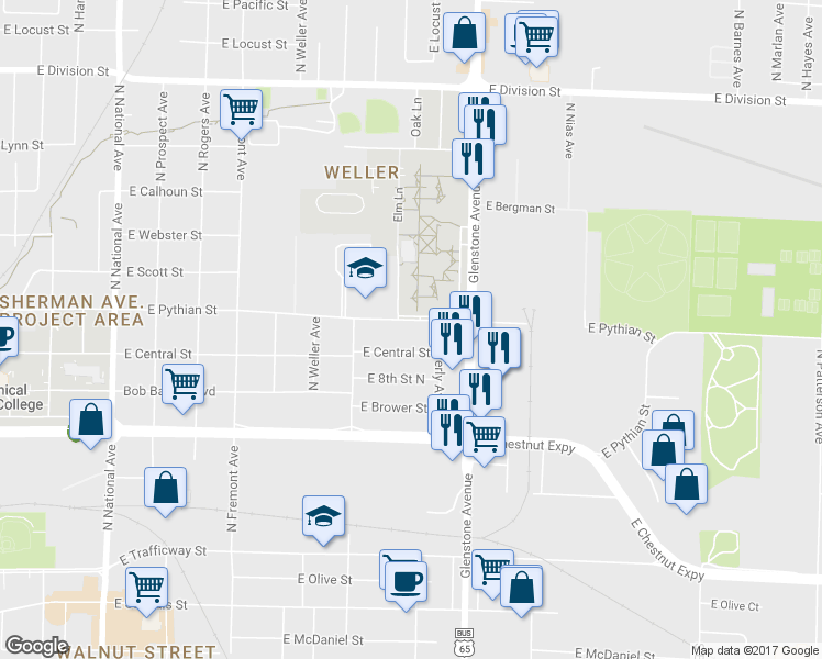 map of restaurants, bars, coffee shops, grocery stores, and more near 1660 East Pythian Street in Springfield