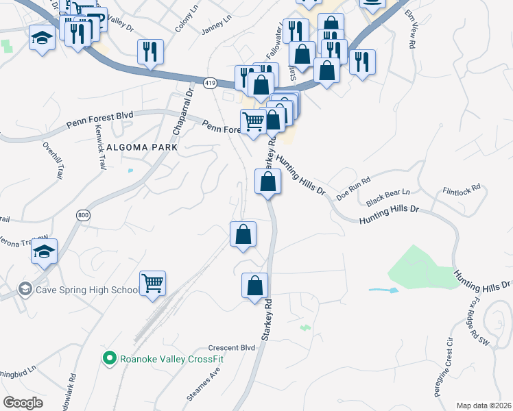 map of restaurants, bars, coffee shops, grocery stores, and more near 4939 Starkey Road in Cave Spring