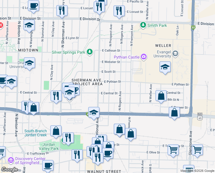 map of restaurants, bars, coffee shops, grocery stores, and more near 923 North Prospect Avenue in Springfield