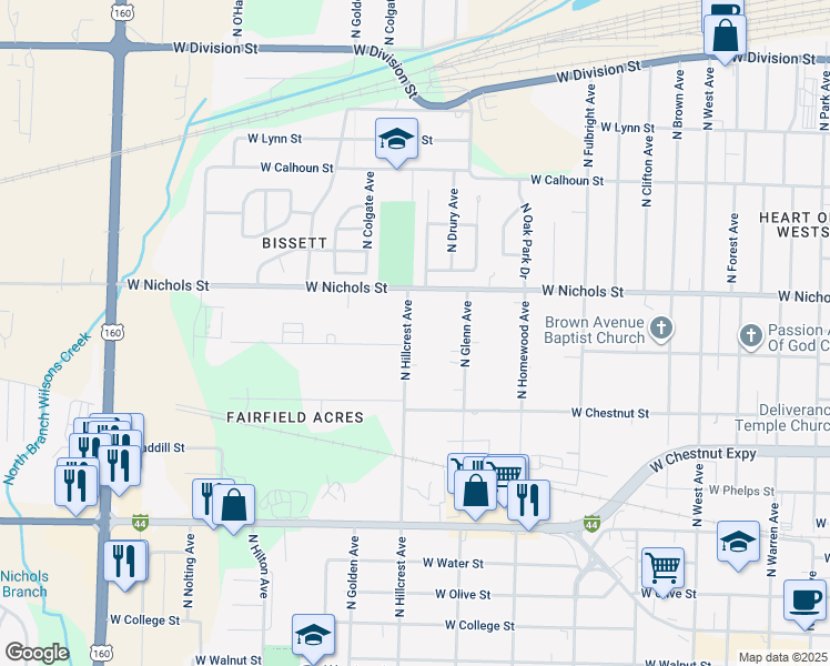 map of restaurants, bars, coffee shops, grocery stores, and more near 808 North Hillcrest Avenue in Springfield