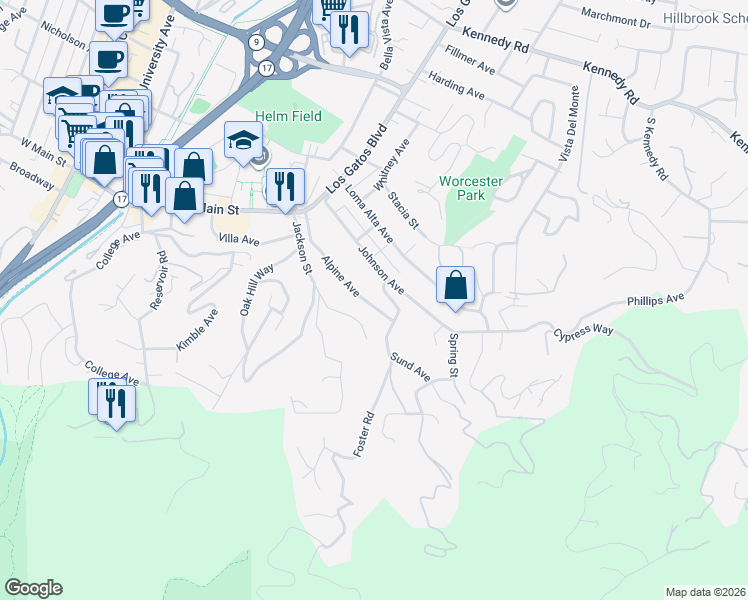 map of restaurants, bars, coffee shops, grocery stores, and more near 115 Alpine Avenue in Los Gatos