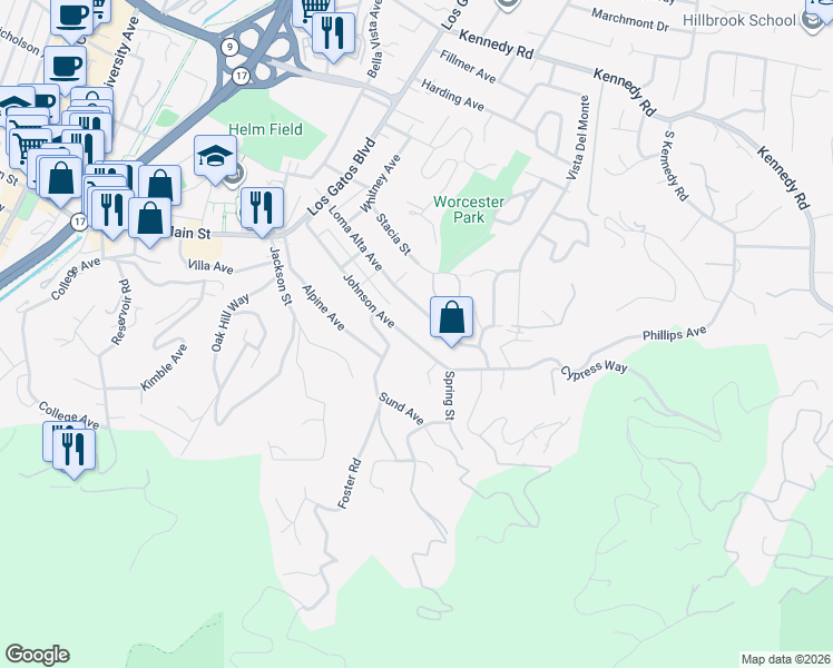 map of restaurants, bars, coffee shops, grocery stores, and more near 328 Johnson Avenue in Los Gatos