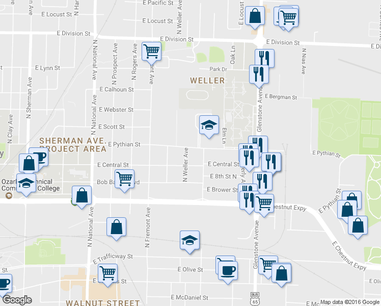 map of restaurants, bars, coffee shops, grocery stores, and more near 924 North Weller Avenue in Springfield