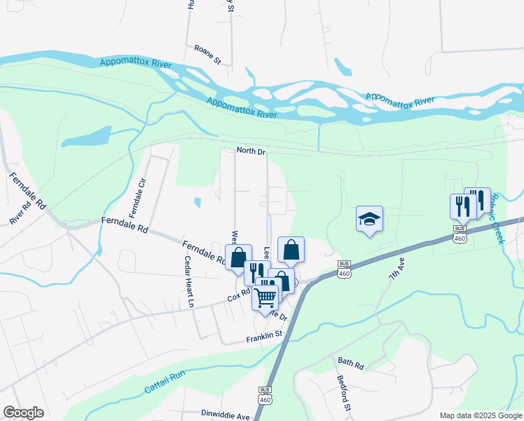 map of restaurants, bars, coffee shops, grocery stores, and more near 4000 State Route 1301 in Petersburg
