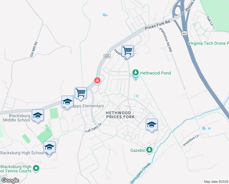 map of restaurants, bars, coffee shops, grocery stores, and more near 2513 Manchester Street in Blacksburg