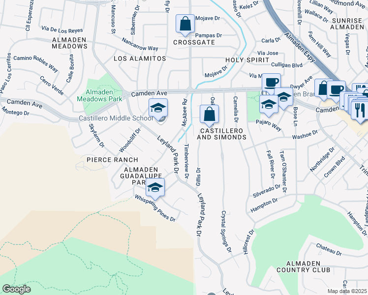 map of restaurants, bars, coffee shops, grocery stores, and more near 6532 Timberview Drive in San Jose