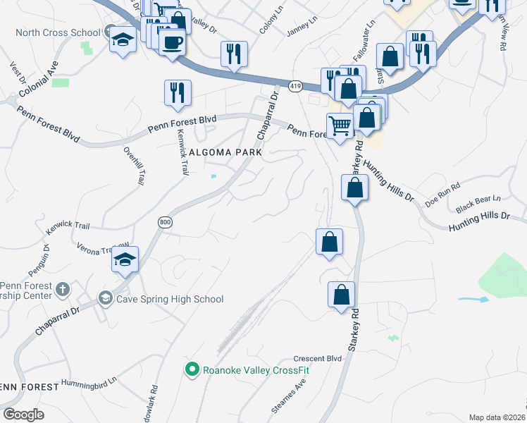 map of restaurants, bars, coffee shops, grocery stores, and more near 3545 Londonderry Lane in Cave Spring