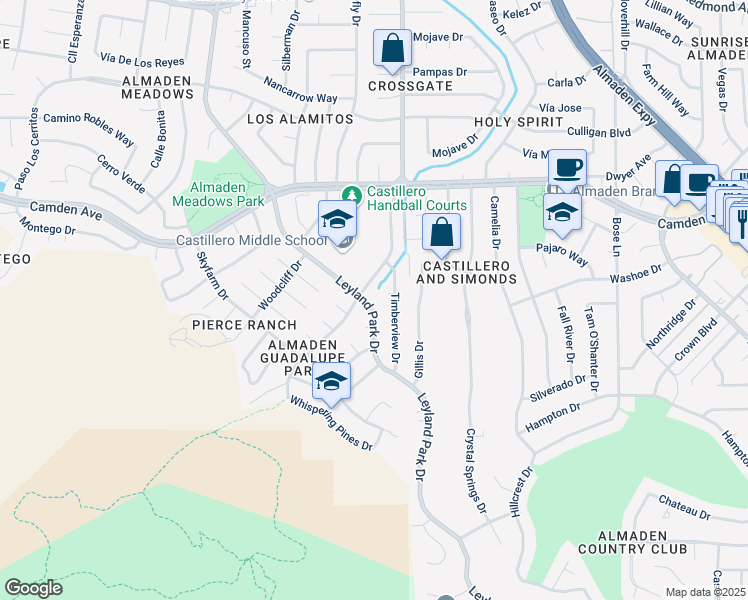 map of restaurants, bars, coffee shops, grocery stores, and more near 6562 Leyland Park Drive in San Jose