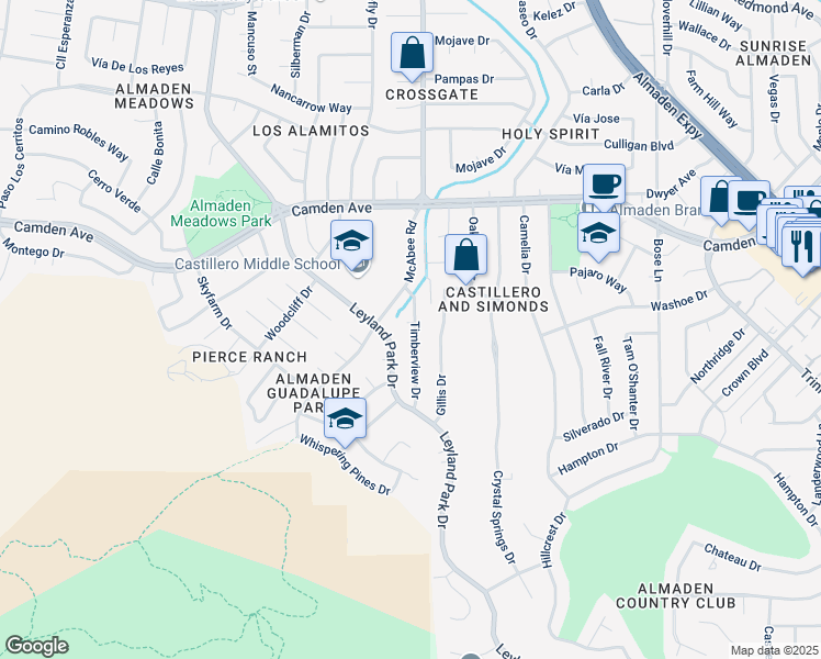 map of restaurants, bars, coffee shops, grocery stores, and more near 6532 Timberview Drive in San Jose