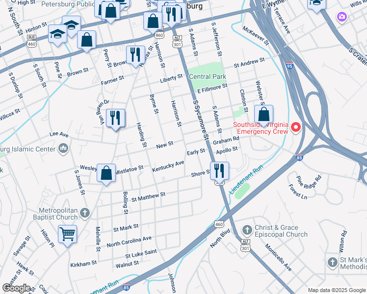 map of restaurants, bars, coffee shops, grocery stores, and more near 621 Harrison Street in Petersburg