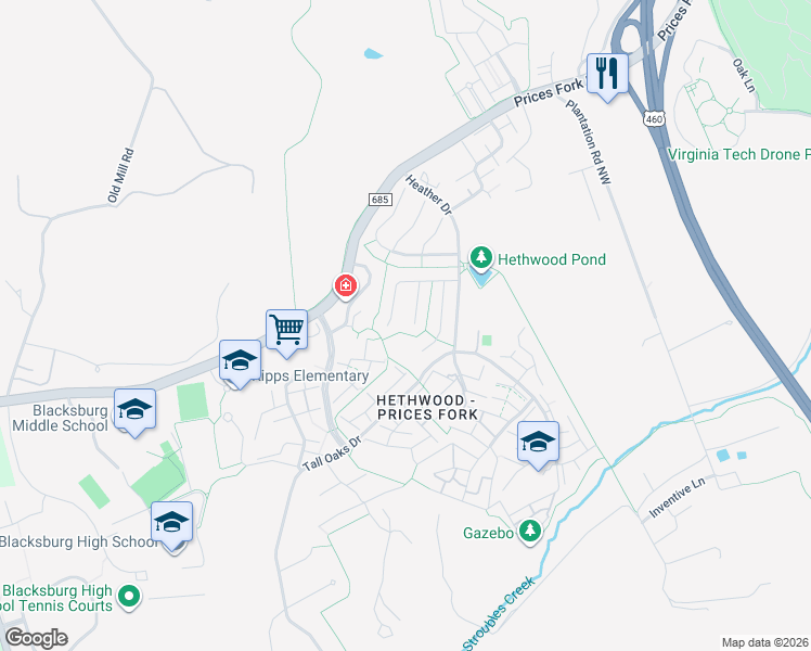 map of restaurants, bars, coffee shops, grocery stores, and more near 2513 Manchester Street in Blacksburg