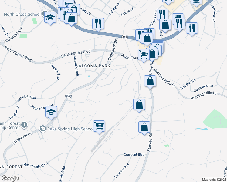 map of restaurants, bars, coffee shops, grocery stores, and more near 3533 Londonderry Lane in Cave Spring