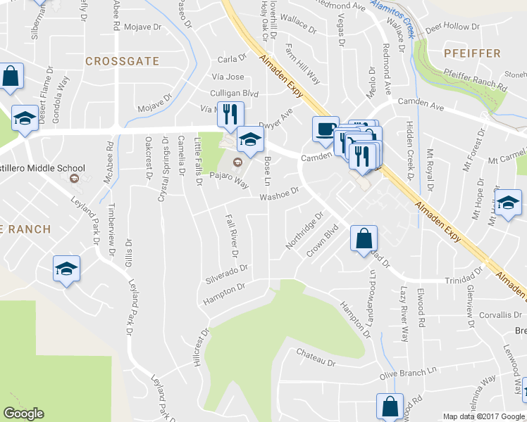 map of restaurants, bars, coffee shops, grocery stores, and more near 1209 Diablo Way in San Jose