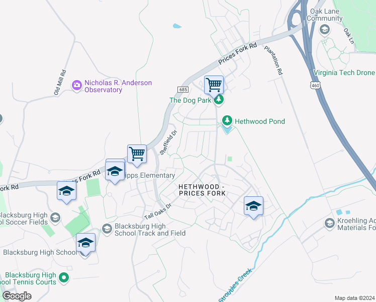 map of restaurants, bars, coffee shops, grocery stores, and more near 2513 Plymouth Street in Blacksburg