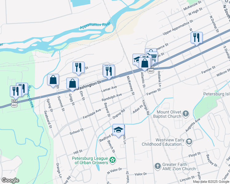 map of restaurants, bars, coffee shops, grocery stores, and more near 64 Grayson Street in Petersburg