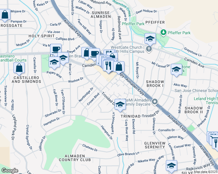 map of restaurants, bars, coffee shops, grocery stores, and more near 6539 Cobblestone Court in San Jose
